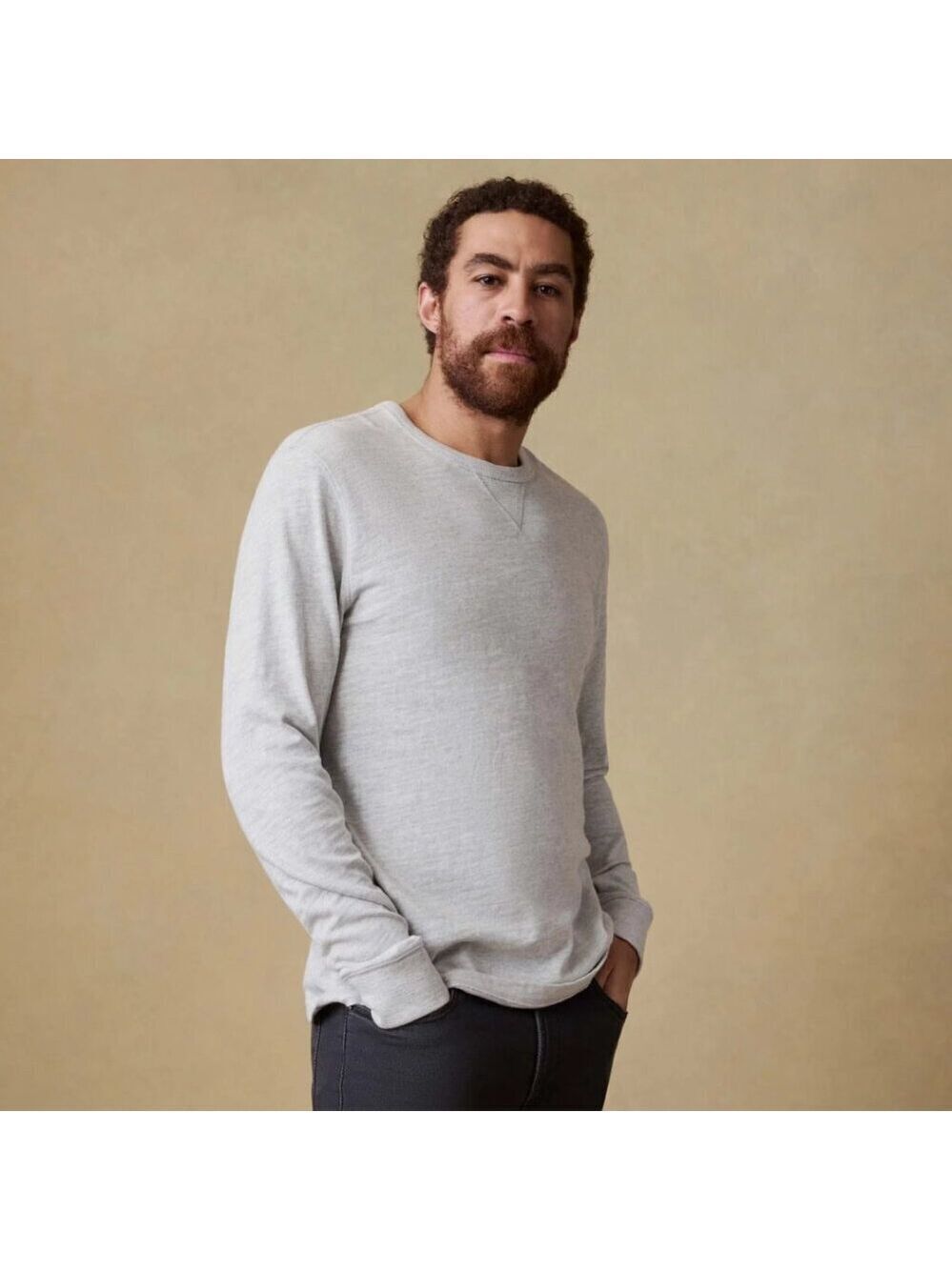 Faherty Men's Sunwashed Slub Long Sleeve Crew Neck Light Grey Heather Size XL